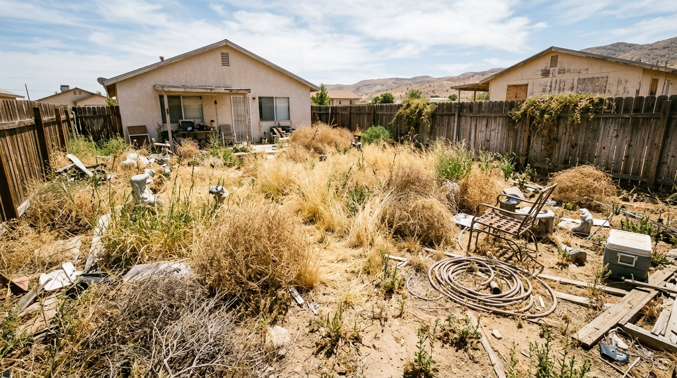 Before yard cleanup: overgrown tumbleweeds, weeds, and dry brush
