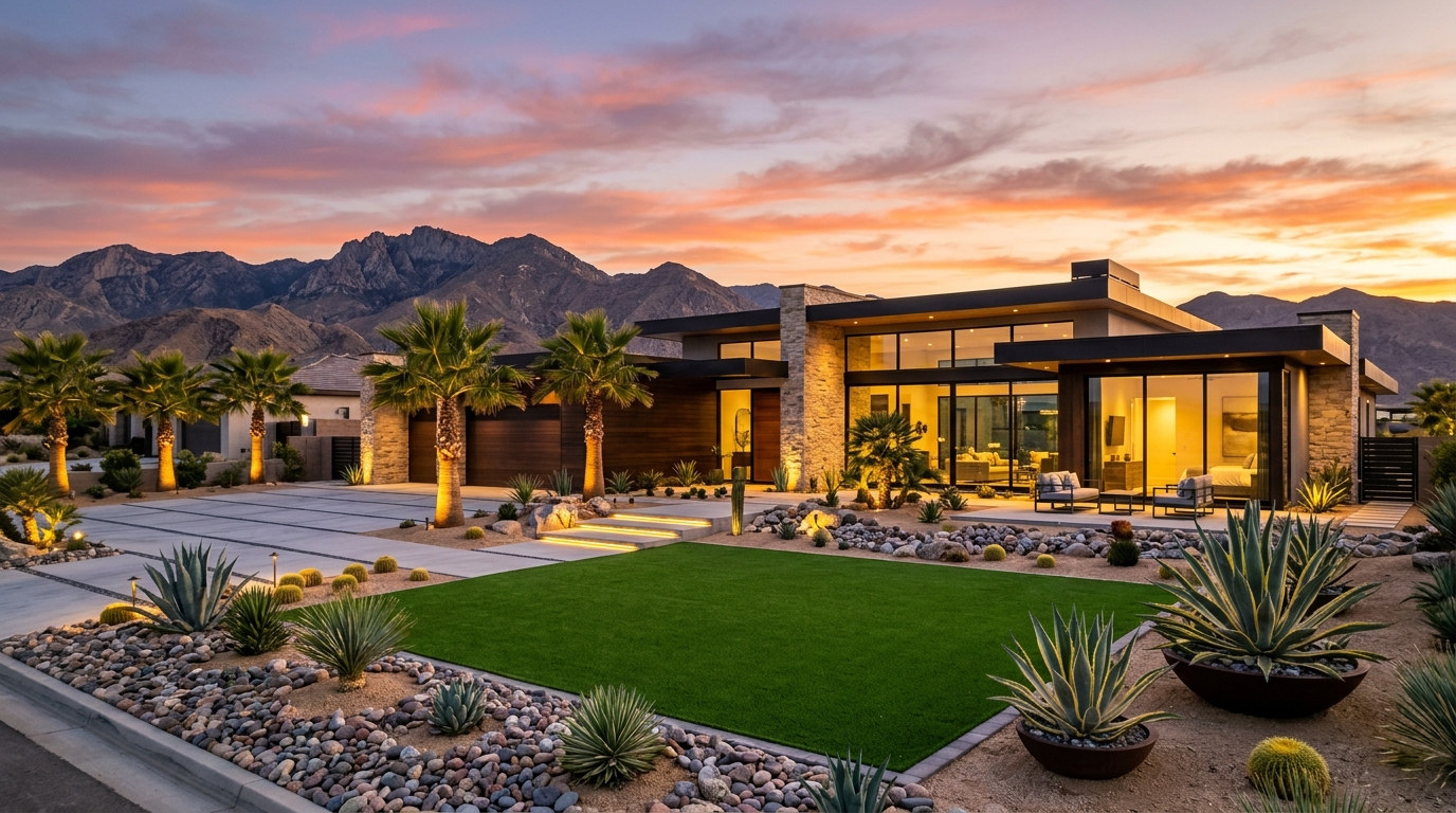 Pristine residential landscaping in Antelope Valley with mountain view at sunset