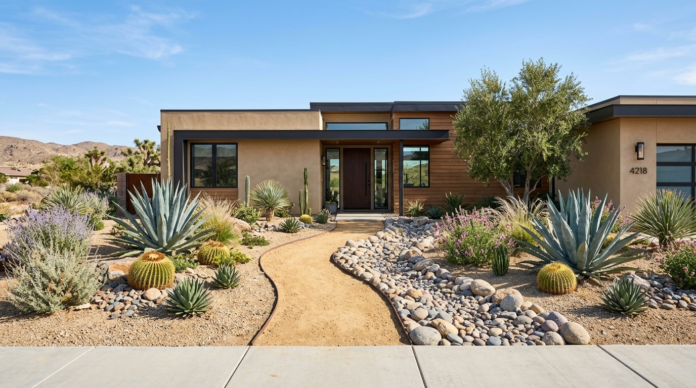 Desert xeriscaping with decomposed granite and boulders in Quartz Hill CA