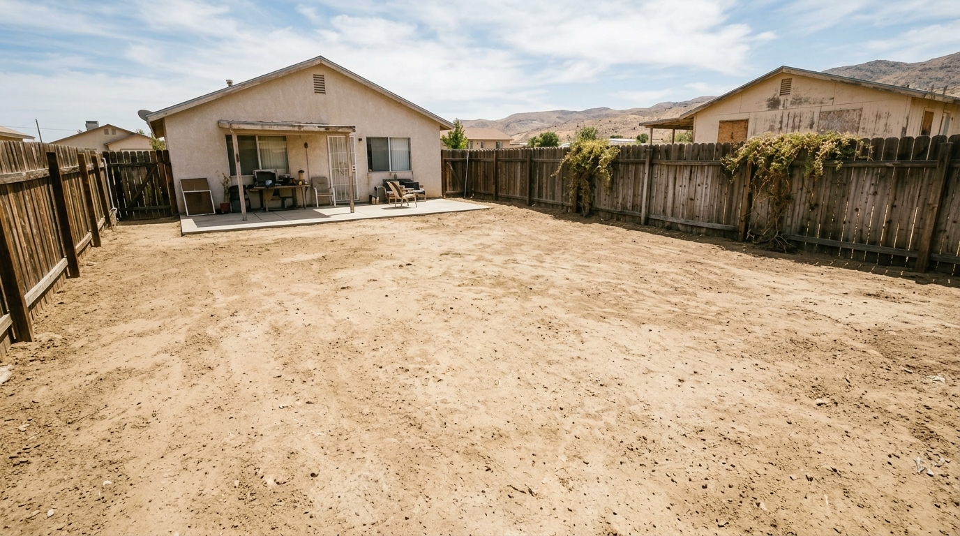 After professional yard cleanup in Antelope Valley: weeds and tumbleweeds removed, clean raked ground