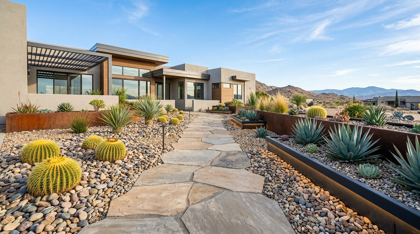 Drought-tolerant modern desert xeriscape in Lancaster